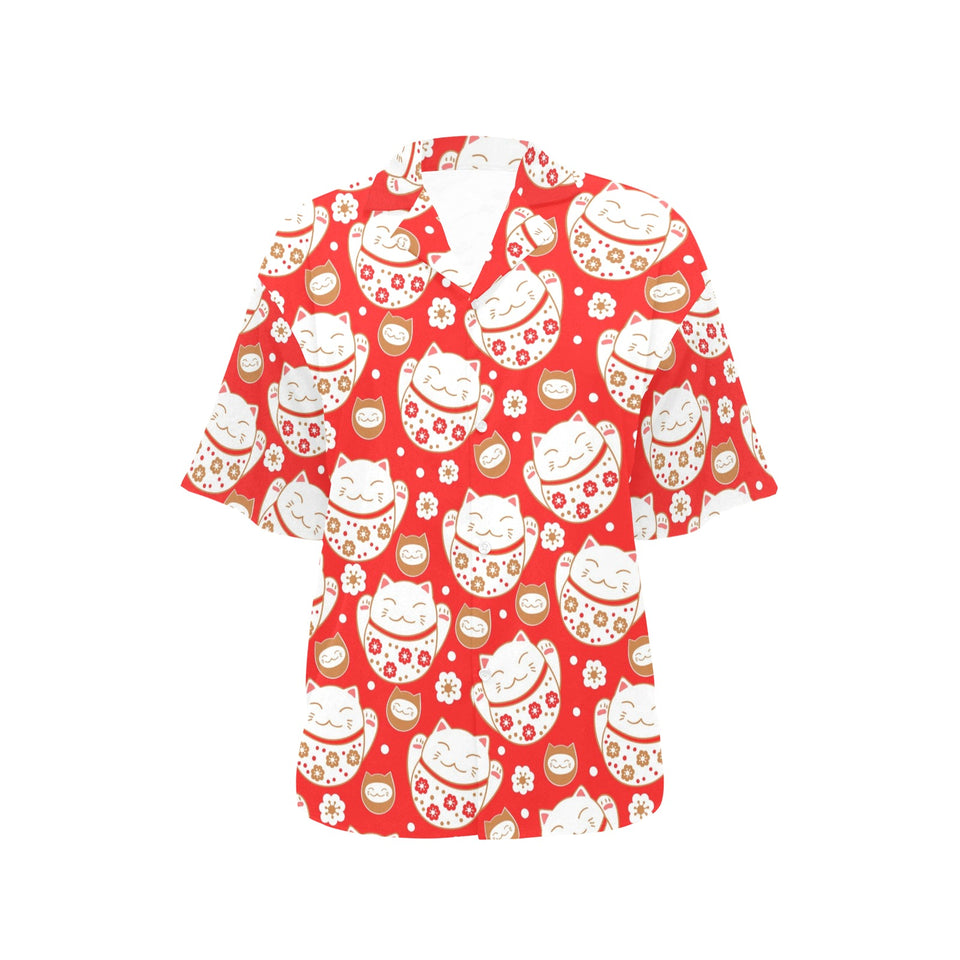 Cute Maneki neko cat red background Women's All Over Print Hawaiian Shirt
