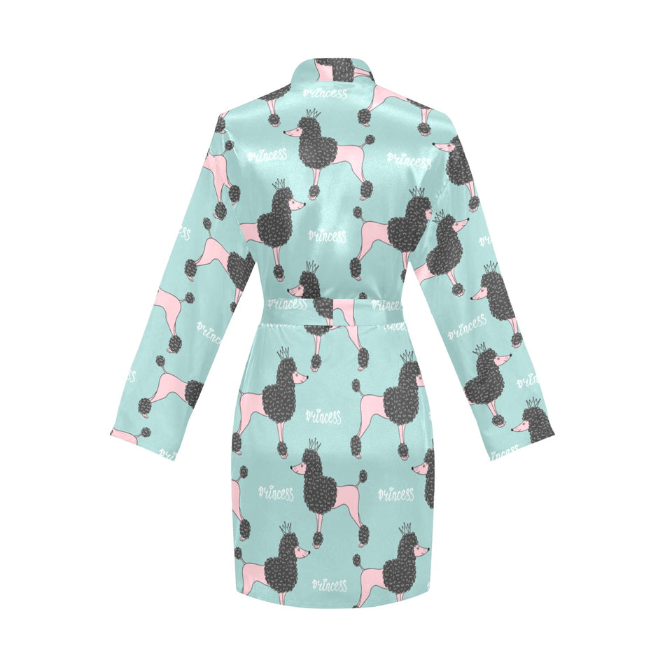 poodle dog green background Women's Long Sleeve Belted Night Robe