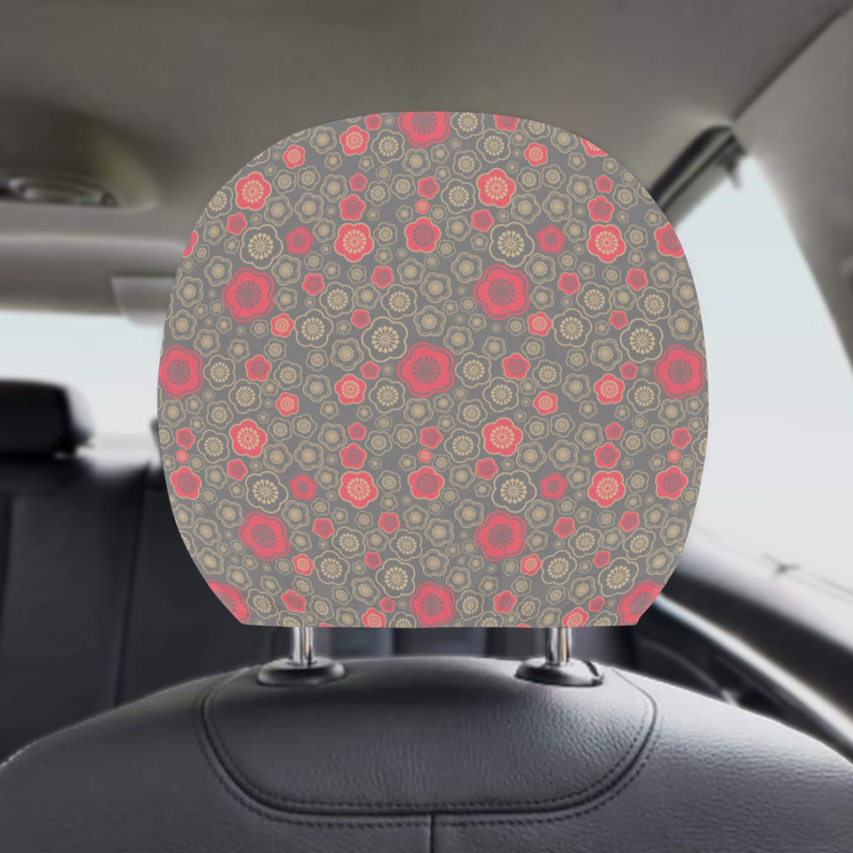 Red gold Sakura cherry blossom gray background Car Headrest Cover