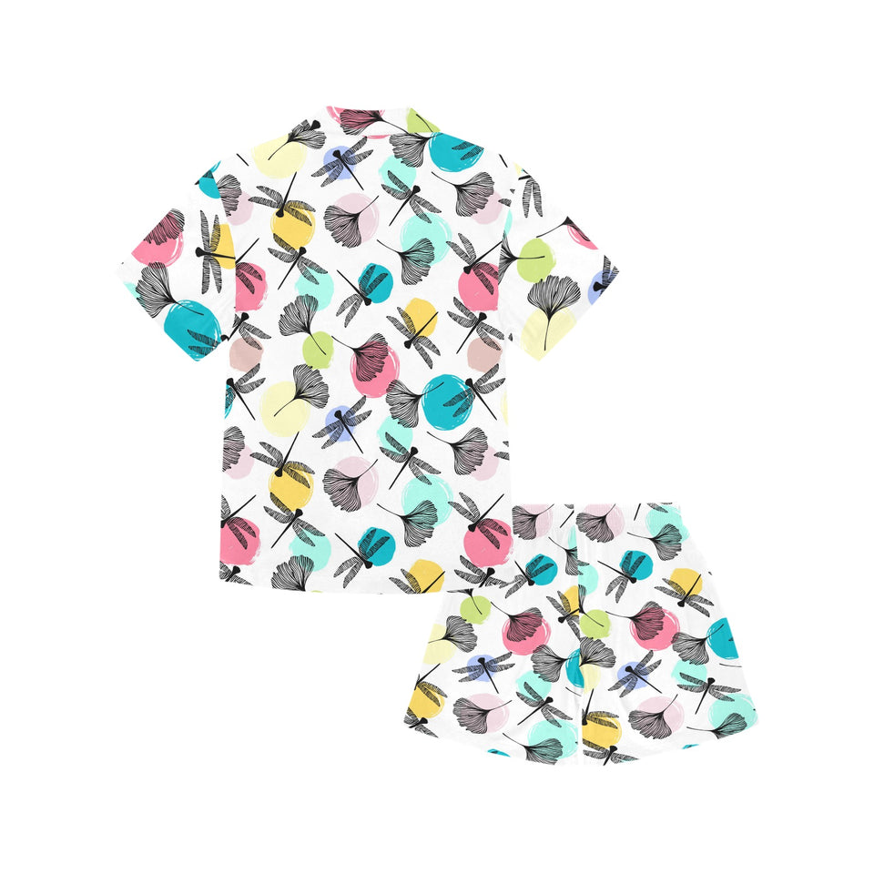 Dragonflies ginkgo leaves pattern Kids' Boys' Girls' V-Neck Short Pajama Set