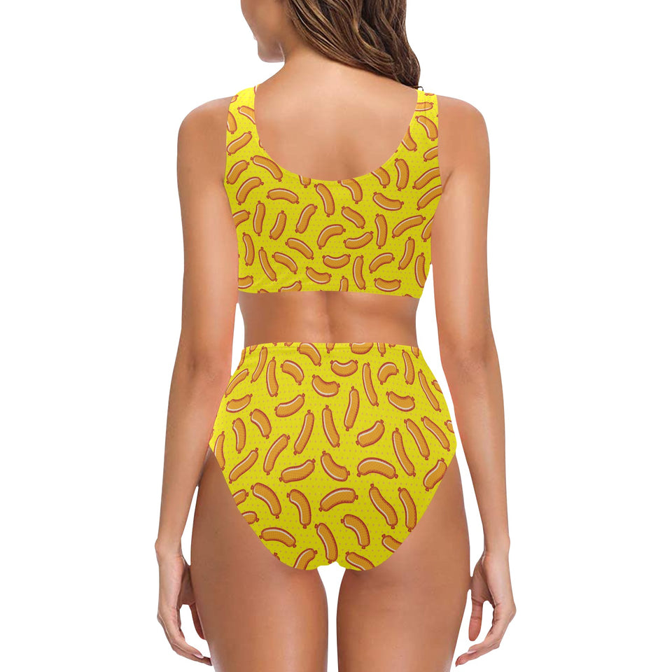 Sausage Pattern Print Design 01 Chest Bowknot High Waisted Bikini Swimsuit