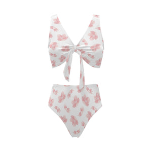 Pink sakura cherry blossom pattern Chest Bowknot High Waisted Bikini Swimsuit