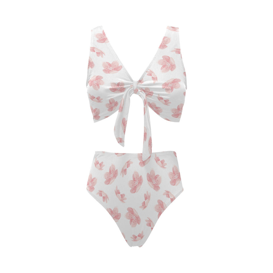 Pink sakura cherry blossom pattern Chest Bowknot High Waisted Bikini Swimsuit