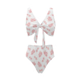 Pink sakura cherry blossom pattern Chest Bowknot High Waisted Bikini Swimsuit