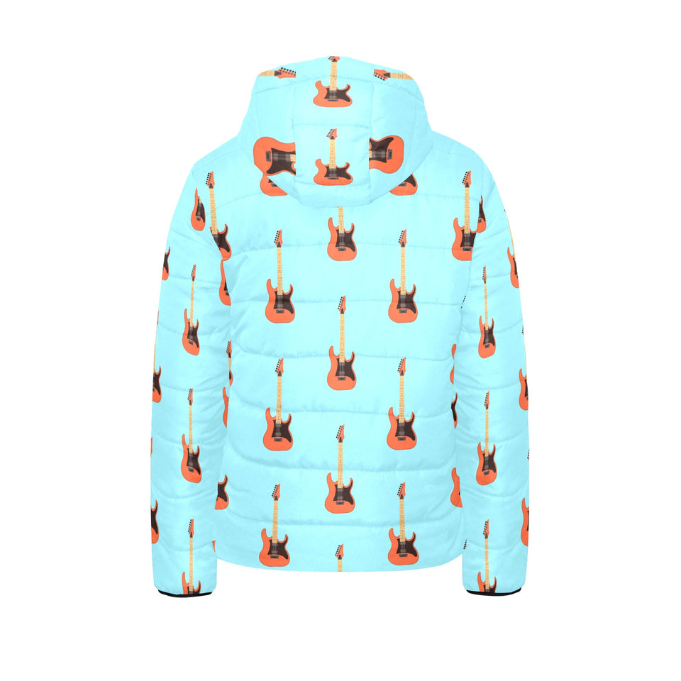 electric guitar pattern light blue background Kids' Boys' Girls' Padded Hooded Jacket
