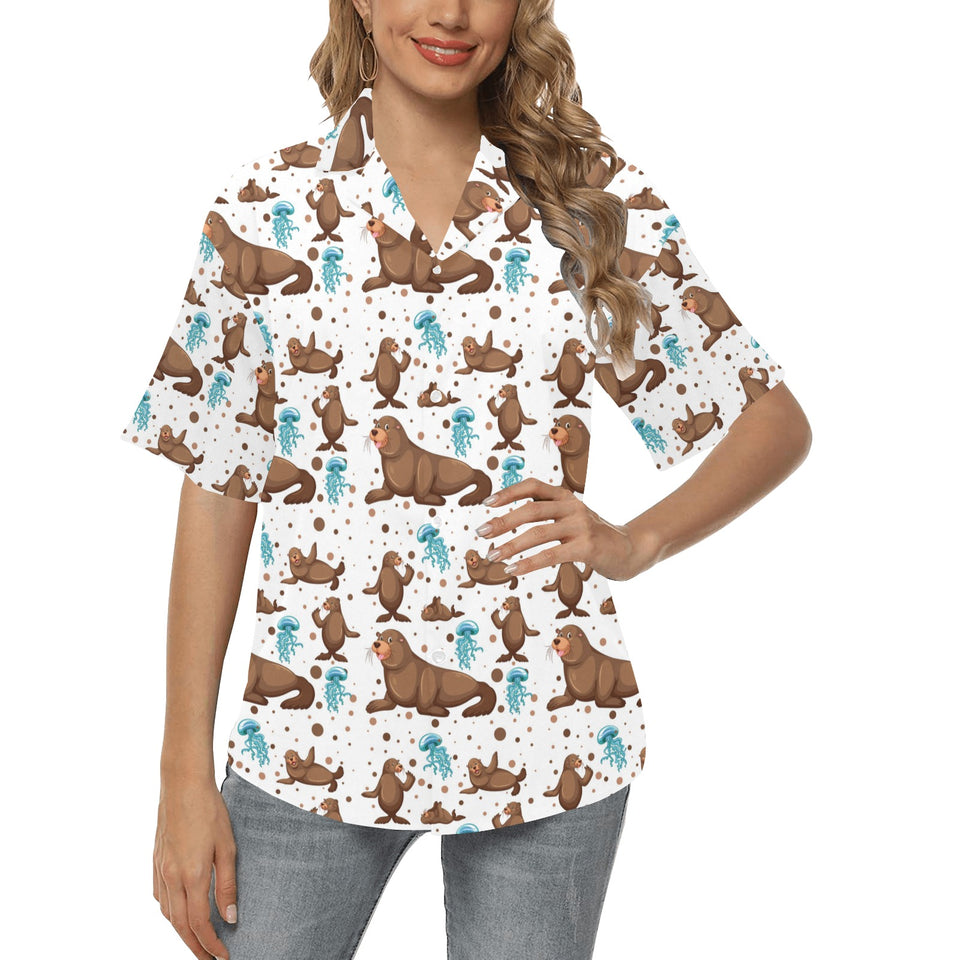 sea lion Seals jellyfish pattern Women's All Over Print Hawaiian Shirt