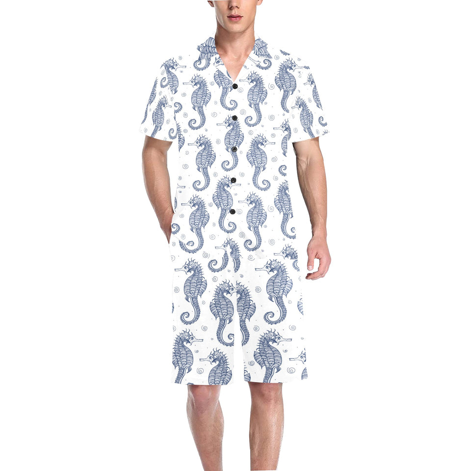 Seahorse pattern background Men's V-Neck Short Pajama Set