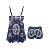 nautical steering wheel design pattern Chest Sexy Pleated Two Piece Swim Dress