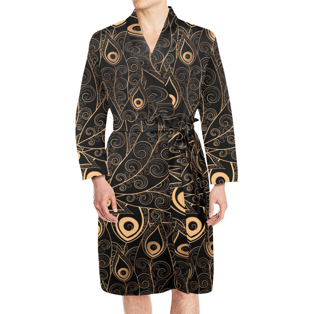 Gold peacock feather pattern Men's Long Sleeve Belted Night Robe