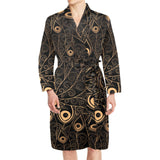 Gold peacock feather pattern Men's Long Sleeve Belted Night Robe
