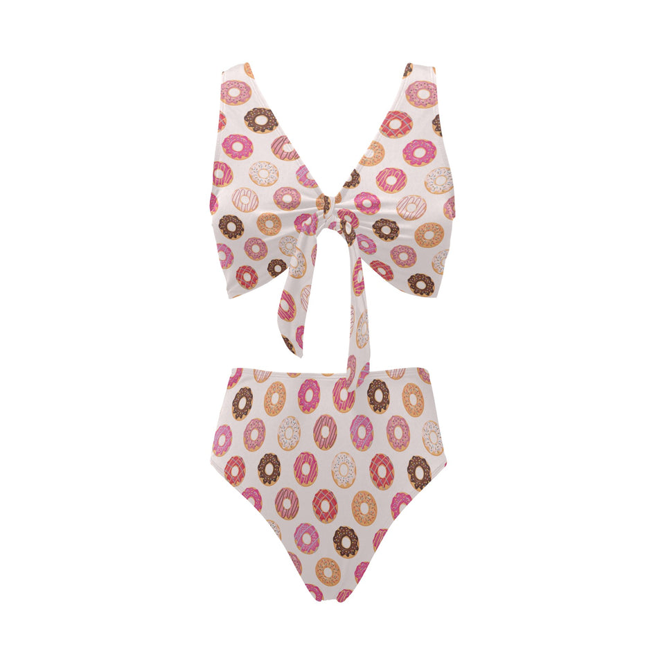 Colorful donut pattern Chest Bowknot High Waisted Bikini Swimsuit