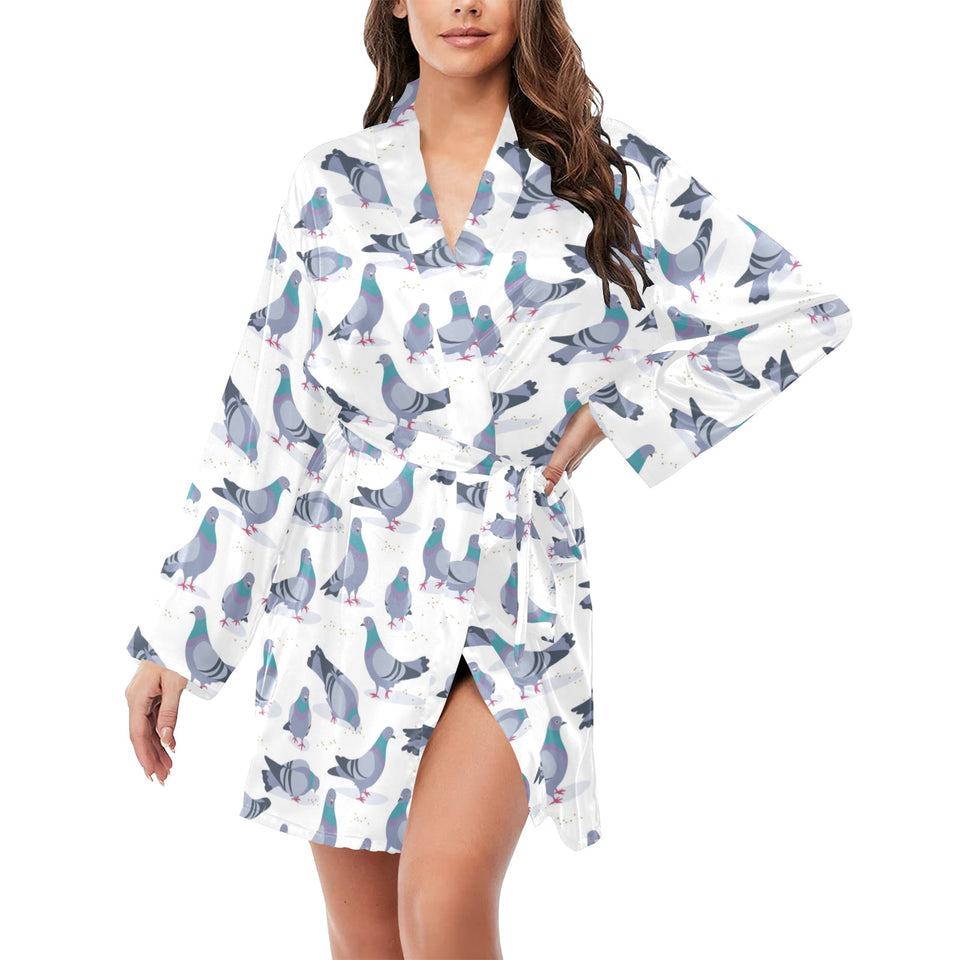 Pigeon Pattern Print Design 03 Women's Long Sleeve Belted Night Robe