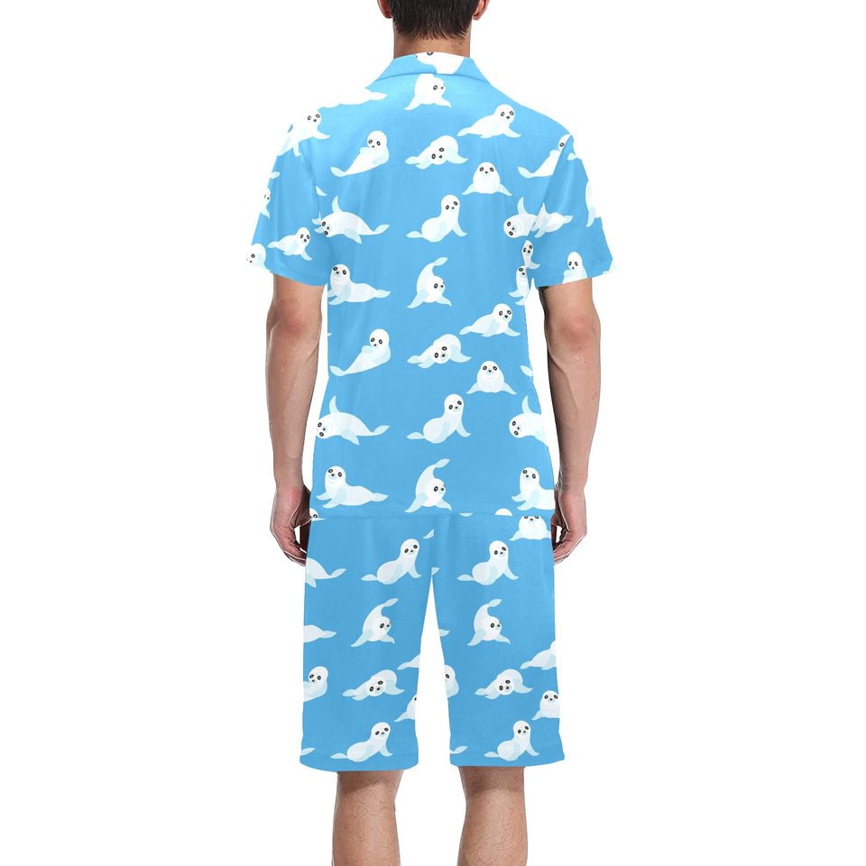 Cute sea lion seal pattern background Men's V-Neck Short Pajama Set