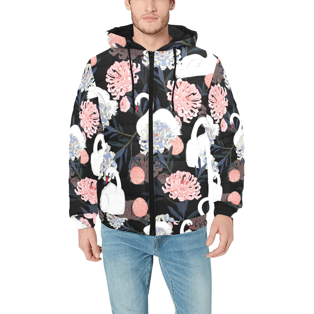 white swan blooming flower pattern Men's Padded Hooded Jacket