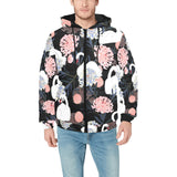 white swan blooming flower pattern Men's Padded Hooded Jacket