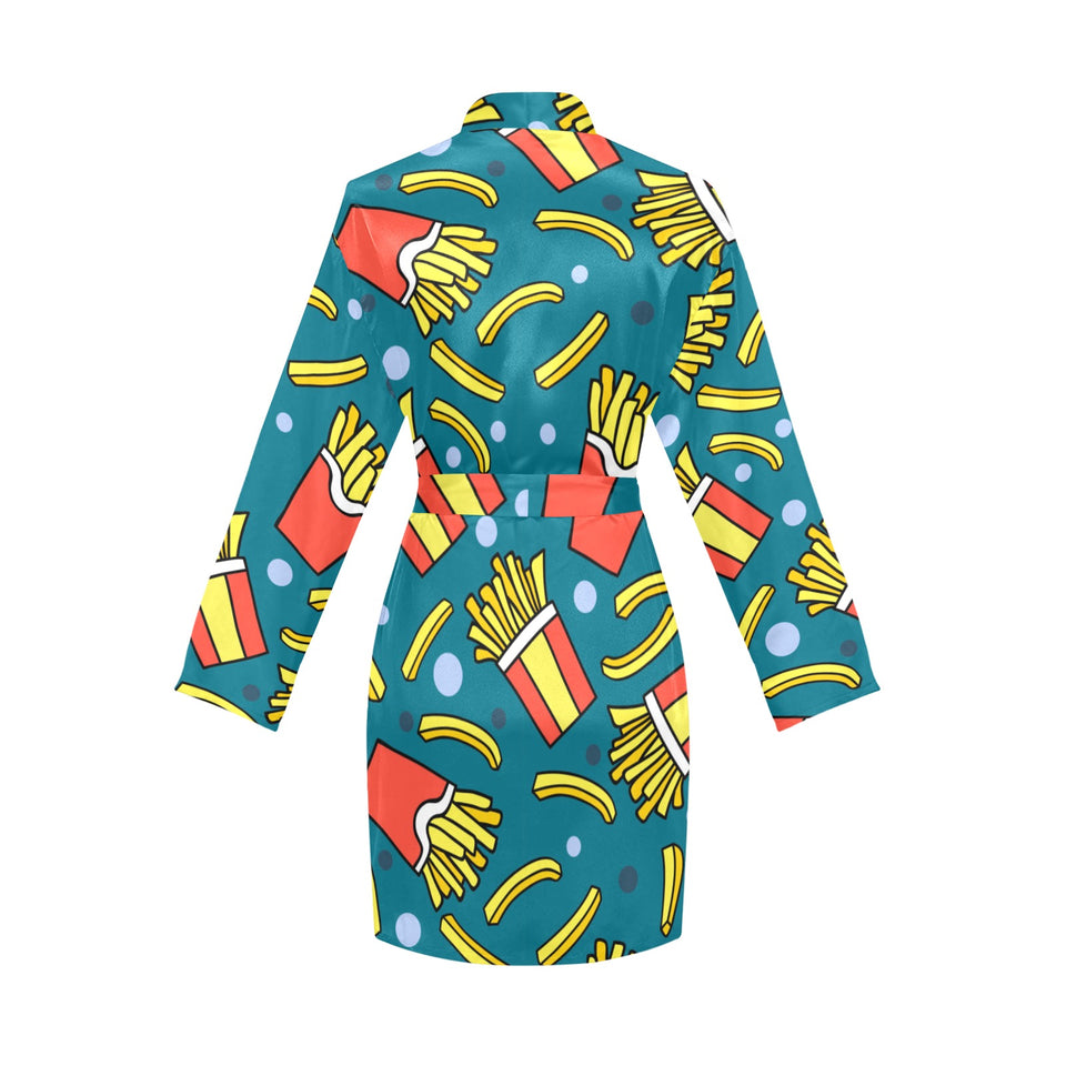 French fries red paper box pattern Women's Long Sleeve Belted Night Robe
