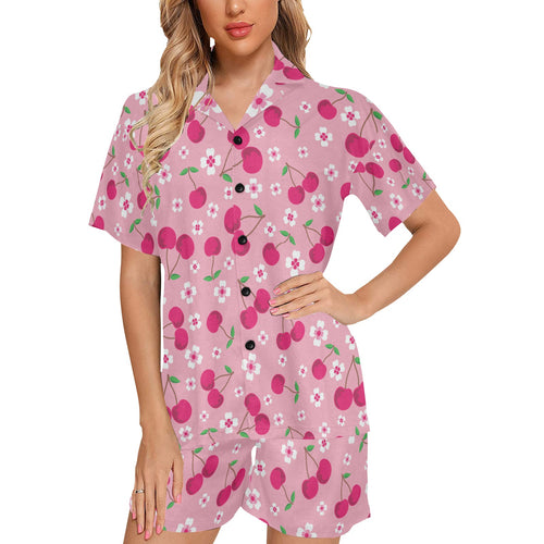 cherry flower pattern pink background Women's V-Neck Short Pajama Set