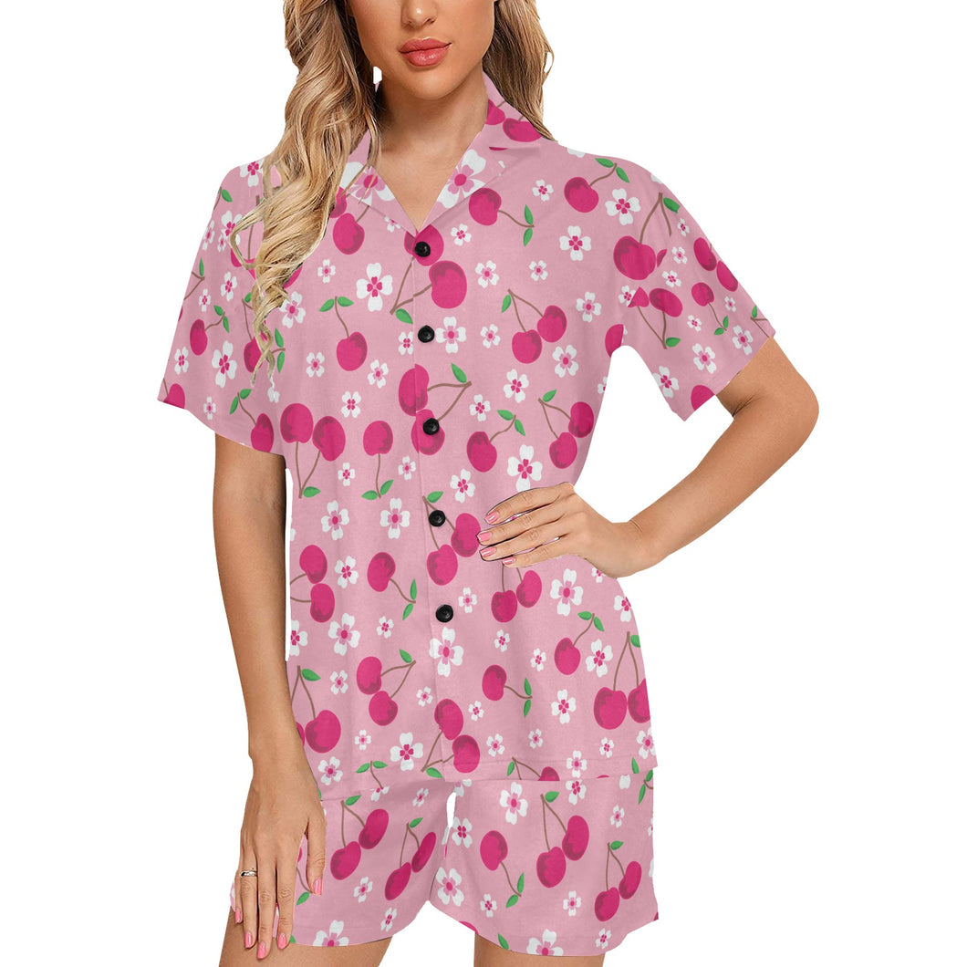 cherry flower pattern pink background Women's V-Neck Short Pajama Set