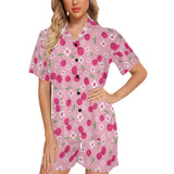cherry flower pattern pink background Women's V-Neck Short Pajama Set