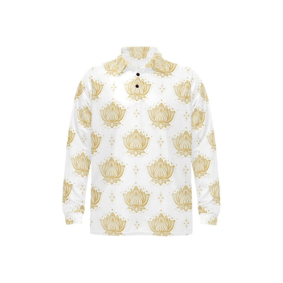 Gold Ornamental lotue waterlily symbol pattern Men's Long Sleeve Polo Shirt