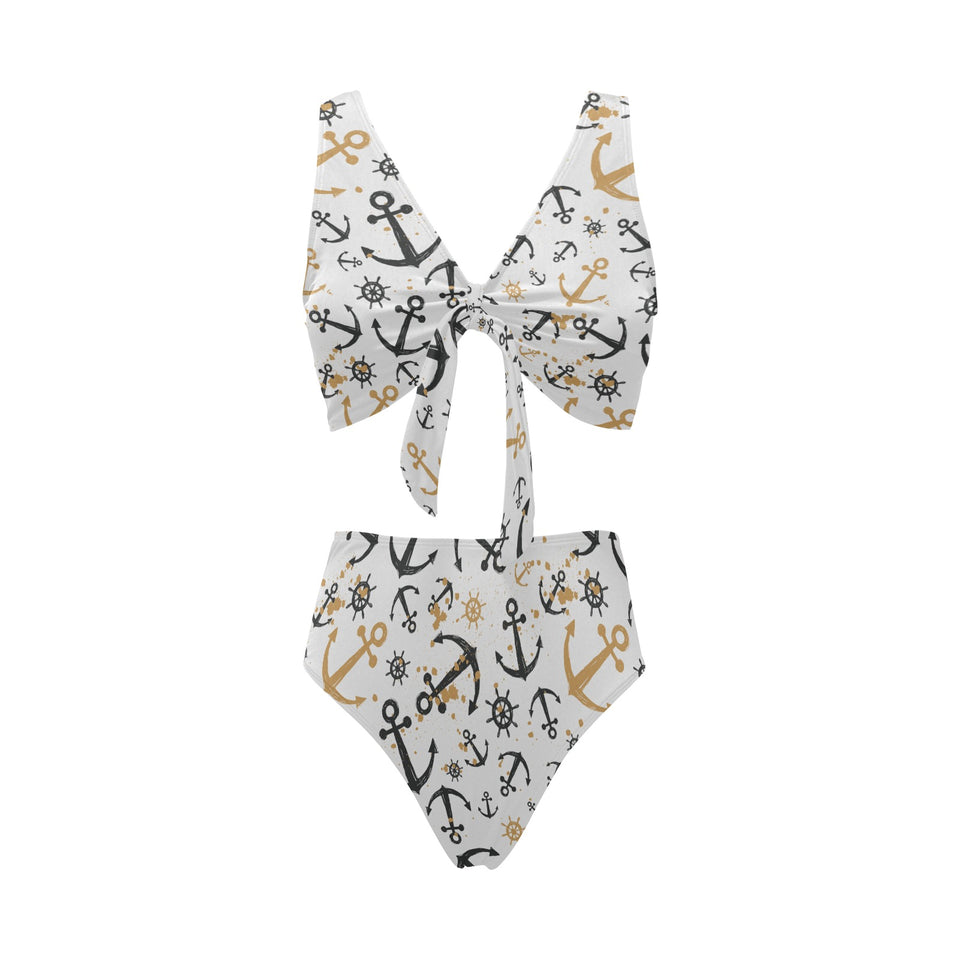 Anchors Rudders pattern Chest Bowknot High Waisted Bikini Swimsuit