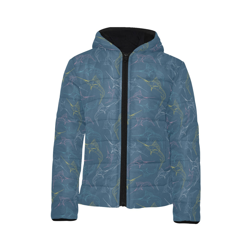 Swordfish Pattern Print Design 02 Kids' Boys' Girls' Padded Hooded Jacket