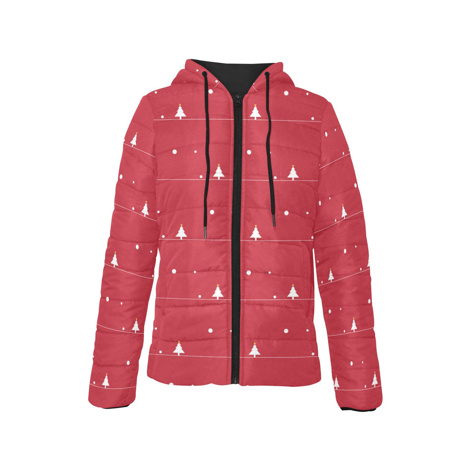 Christmas tree star snow red background Women's Padded Hooded Jacket