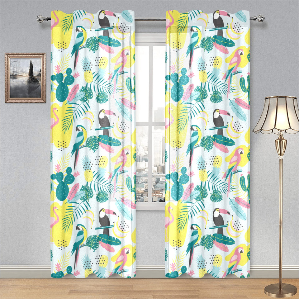 Cute parrot toucan flamingo cactus exotic leaves p Gauze Curtain