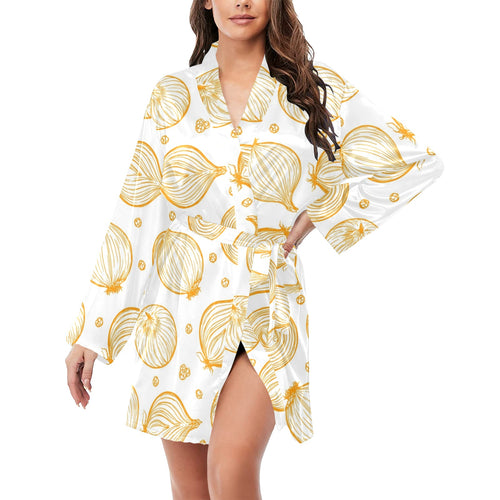 hand drawn onion pattern Women's Long Sleeve Belted Night Robe