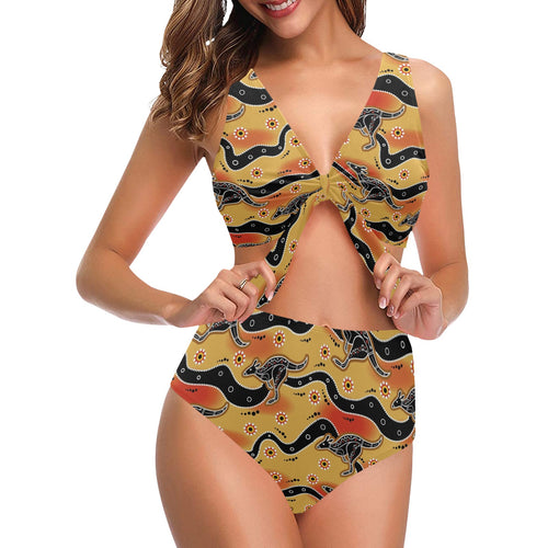 Kangaroo Australian aboriginal art pattern Chest Bowknot High Waisted Bikini Swimsuit