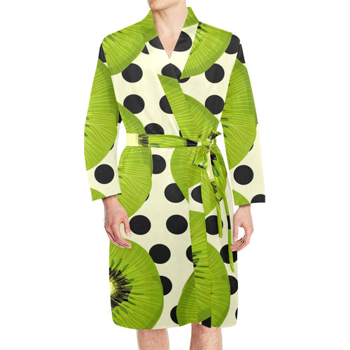 kiwi black dot background Men's Long Sleeve Belted Night Robe