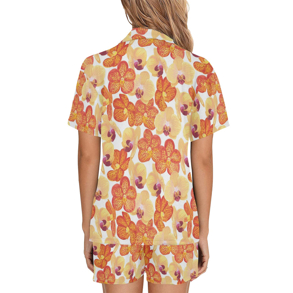 Orange yellow orchid flower pattern background Women's V-Neck Short Pajama Set