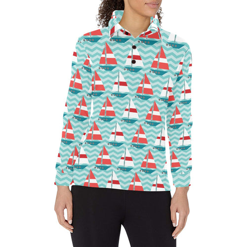 Red White sailboat wave background Women's Long Sleeve Polo Shirt