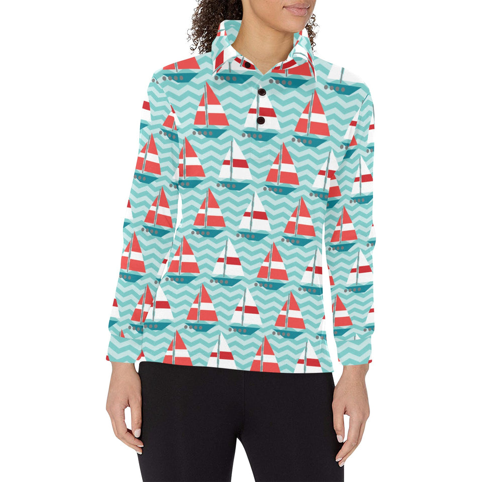 Red White sailboat wave background Women's Long Sleeve Polo Shirt