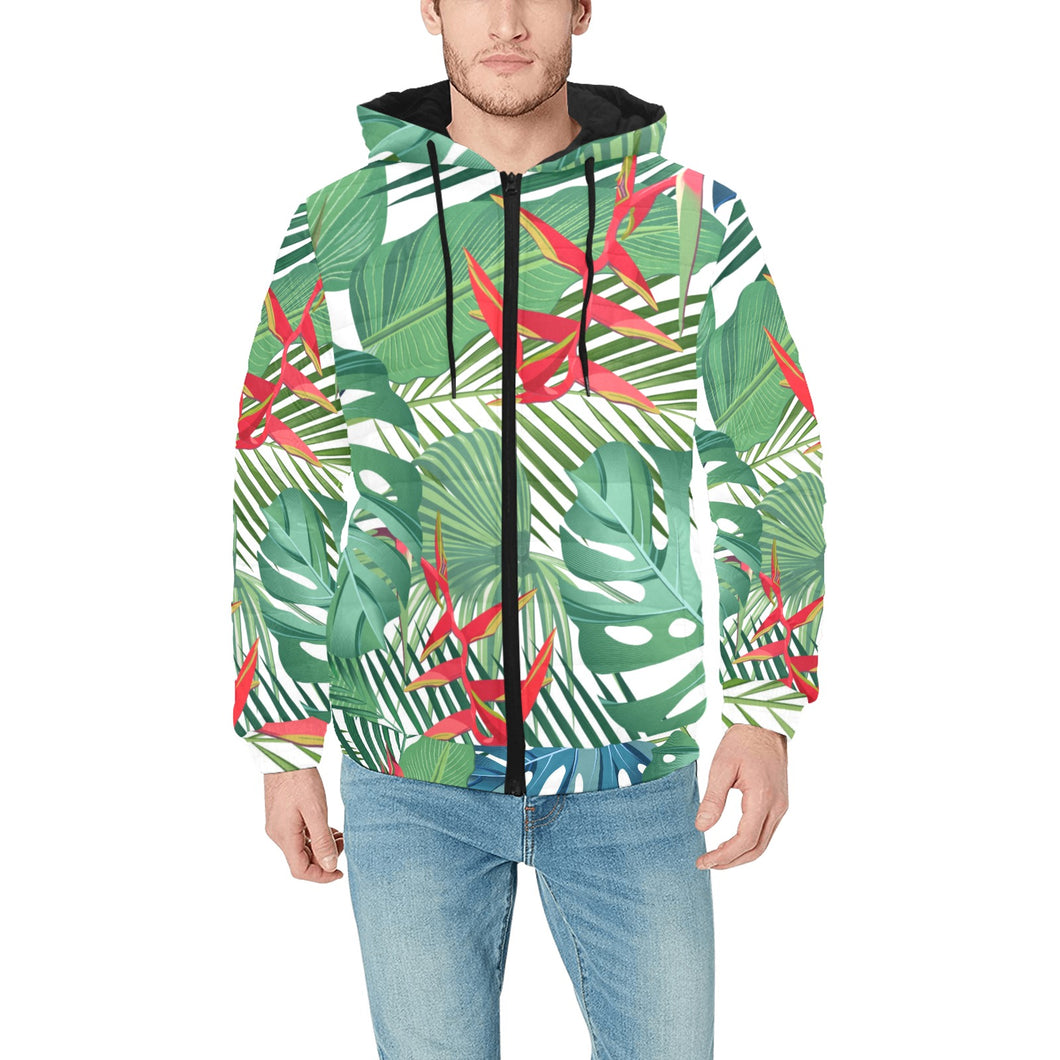 heliconia palm and monstera leaves pattern Men's Padded Hooded Jacket