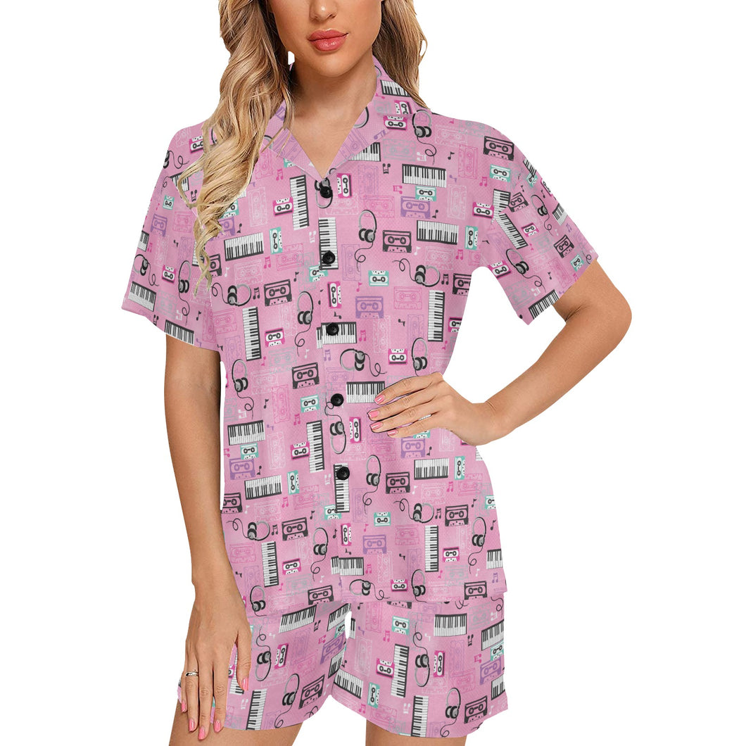 Piano Pattern Print Design 01 Women's V-Neck Short Pajama Set