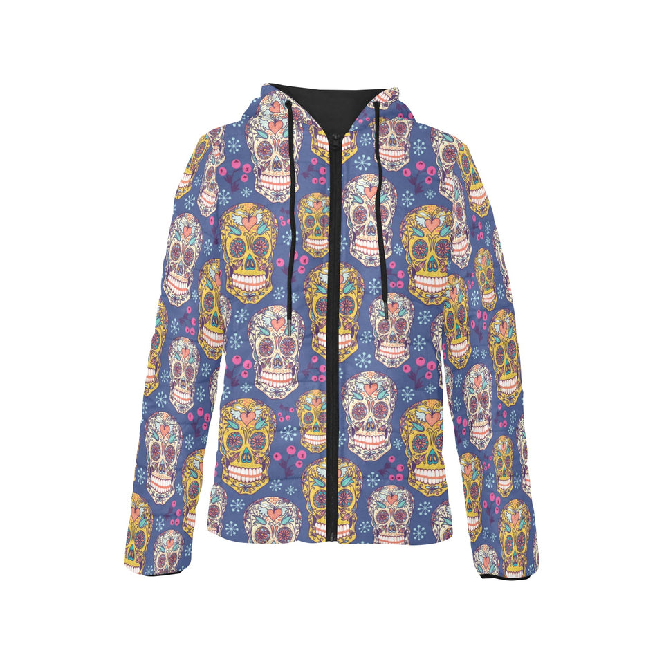Sugar skull flower pattern Women's Padded Hooded Jacket