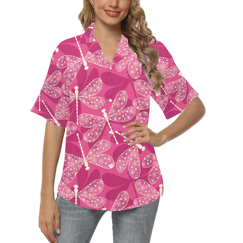 Beautiful dragonfly pink background Women's All Over Print Hawaiian Shirt
