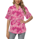 Beautiful dragonfly pink background Women's All Over Print Hawaiian Shirt