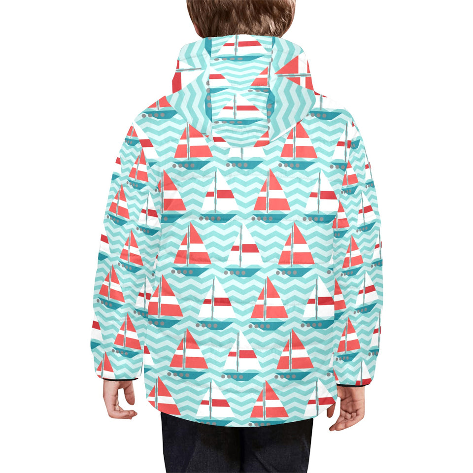 Red White sailboat wave background Kids' Boys' Girls' Padded Hooded Jacket