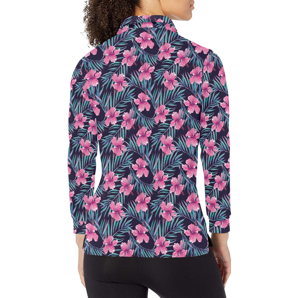 Hibiscus Pattern Print Design 05 Women's Long Sleeve Polo Shirt