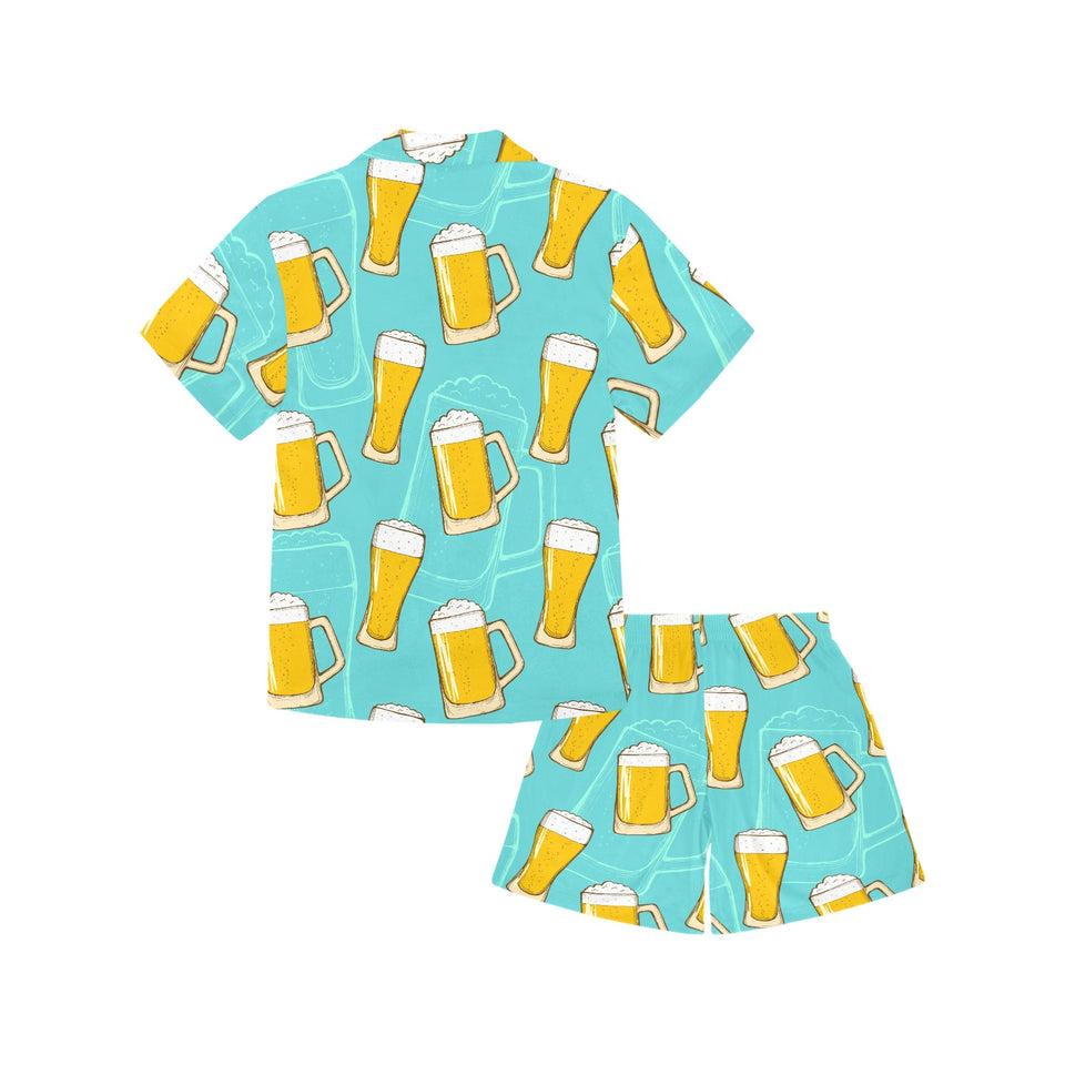 Beer pattern green background Kids' Boys' Girls' V-Neck Short Pajama Set