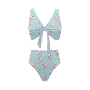 Cute cow flower pattern Chest Bowknot High Waisted Bikini Swimsuit