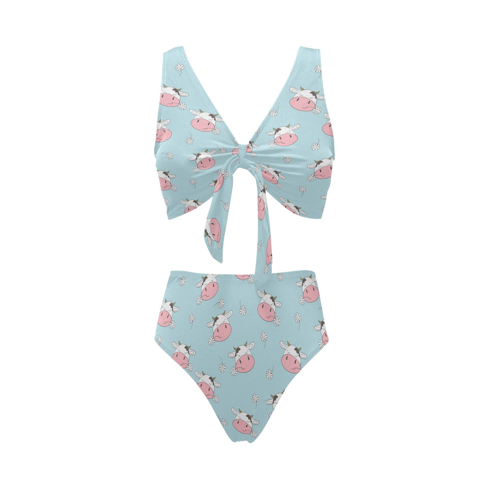 Cute cow flower pattern Chest Bowknot High Waisted Bikini Swimsuit