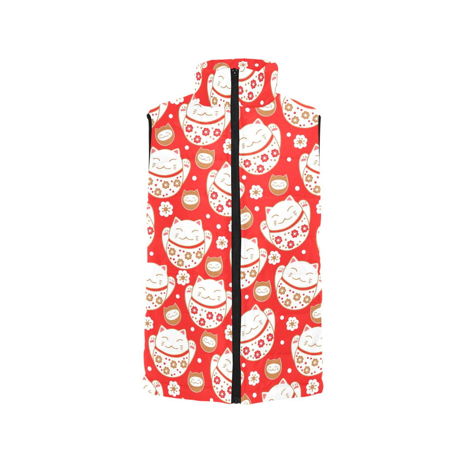 Cute Maneki neko cat red background Women's Padded Vest