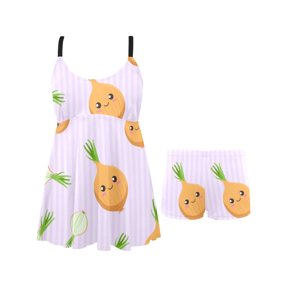 cute onions smiling faces purple background Chest Sexy Pleated Two Piece Swim Dress