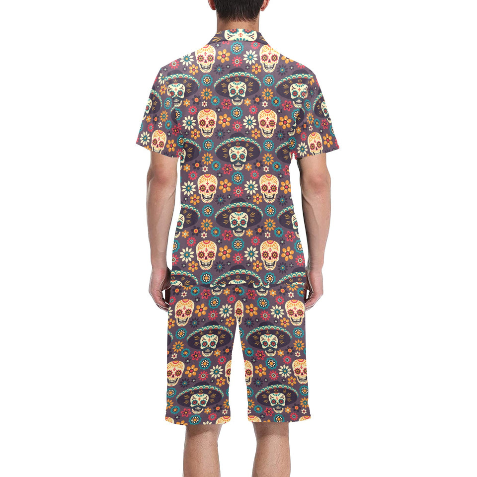 Sugar skulls flower maxican pattern Men's V-Neck Short Pajama Set