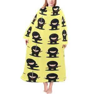 Cute ninja yellow background Blanket Robe with Sleeves