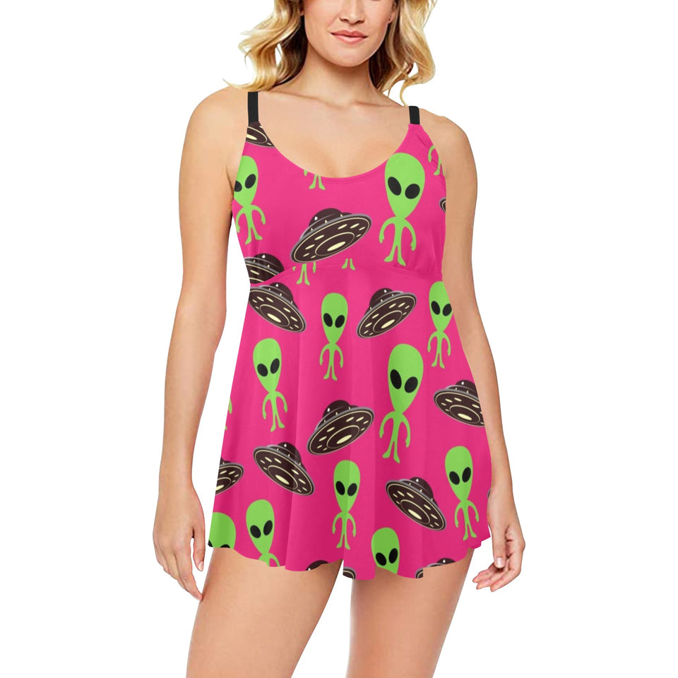 Alien Pattern Print Design 03 Chest Sexy Pleated Two Piece Swim Dress