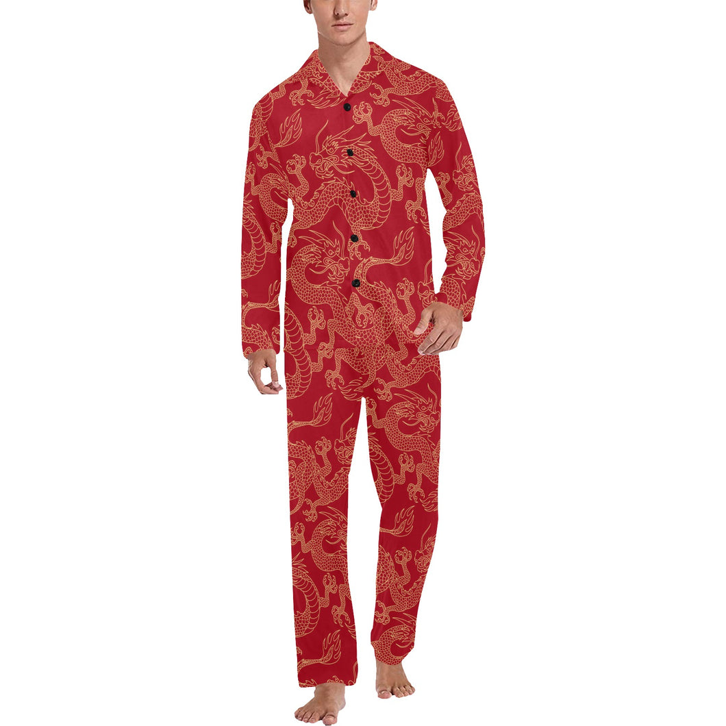 Gold dragons red background Men's Long Pajama Set